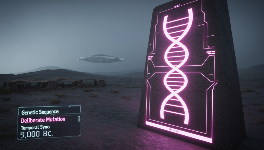Tactical visualization of the ancient astronaut theory showing genetic schematics and ancient megaliths.
