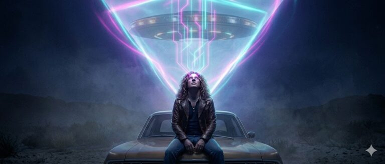 Cinematic visualization of a telepathic "download" from a UFO to a witness in a desert setting.