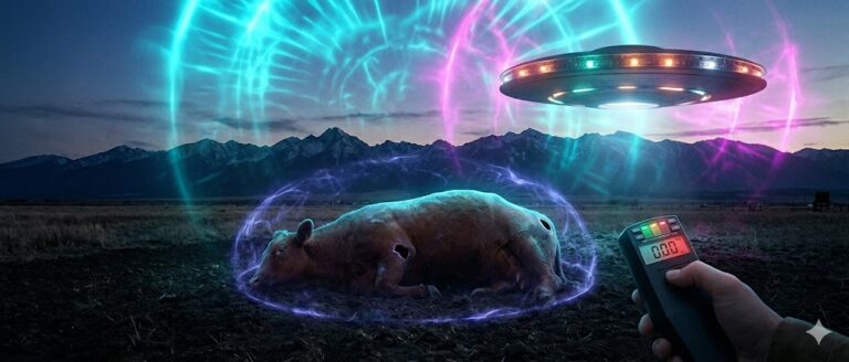 Cinematic photorealistic visualization of a cattle mutilation field investigation in Trinidad, Colorado, showing EMF anomalies.