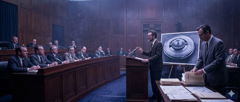 Cinematic photorealistic scene of Dr. J. Allen Hynek and Dr. James McDonald testifying before Congress in 1968.