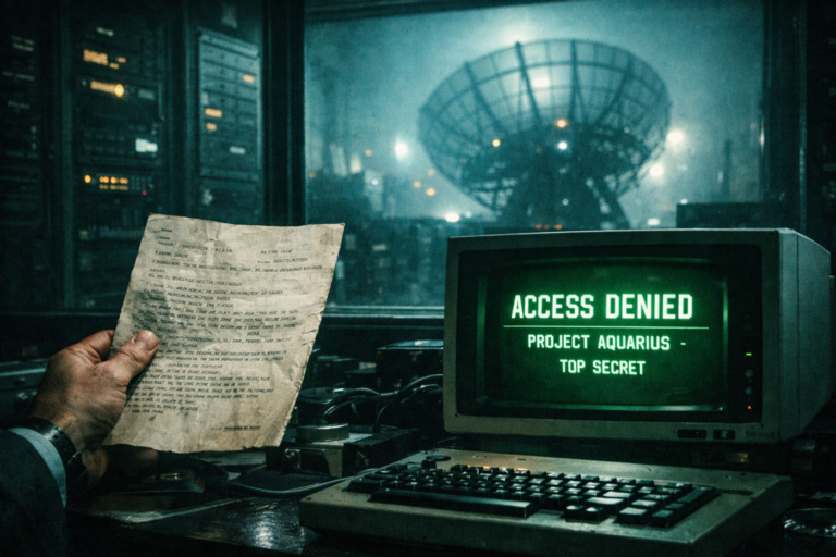 A computer screen showing Top Secret Project Aquarius Access Denied next to a UFO telex.