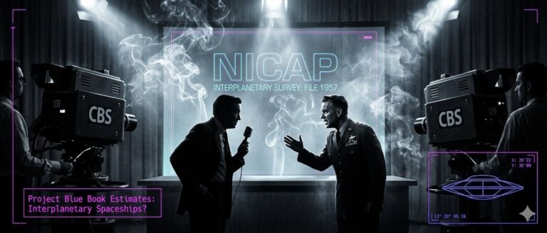 Cinematic black and white visualization of the 1957 Mike Wallace interview with Major Donald Keyhoe regarding UFO secrecy.