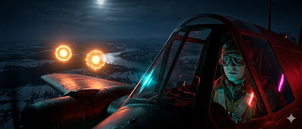 Cinematic photorealistic visualization of "Foo-Fighter" orbs shadowing a WWII night fighter over Europe.