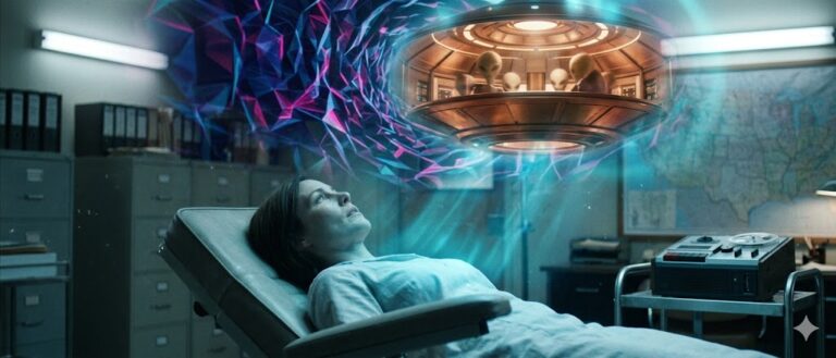 Cinematic visualization of a hypnosis session linking alien abduction imagery to the "Birth Memories Hypothesis."