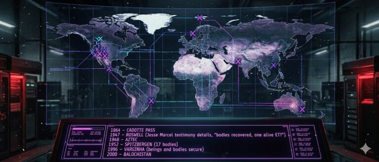 A tactical digital visualization of a global timeline for UFO crash and recovery sites between 1864 and 2000.