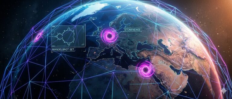 A digital tactical visualization of the Earth Grid energy lines and crop circle pictograms.