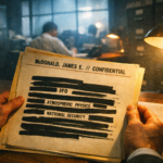 Cinematic photorealistic scene of a man in 1969 analyzing the heavily redacted FBI file of UFO scientist Dr. James McDonald.