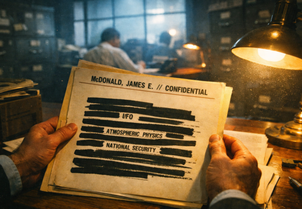 Cinematic photorealistic scene of a man in 1969 analyzing the heavily redacted FBI file of UFO scientist Dr. James McDonald.
