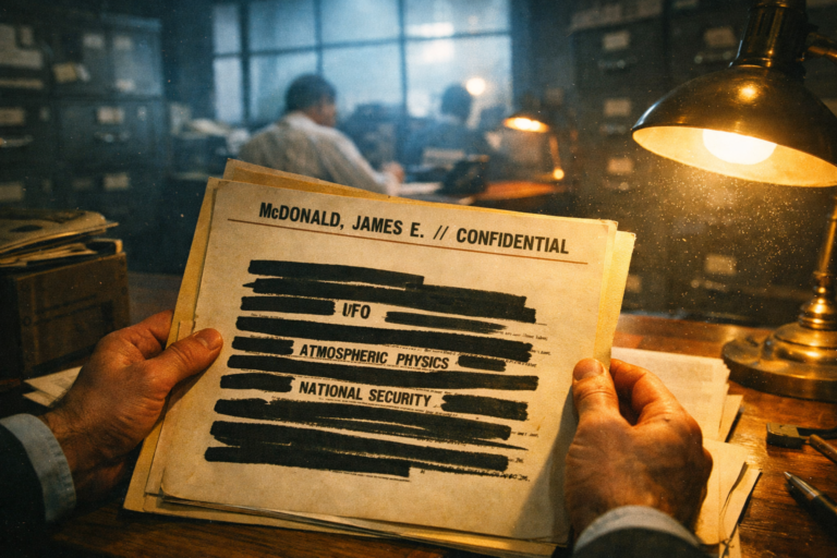 Cinematic photorealistic scene of a man in 1969 analyzing the heavily redacted FBI file of UFO scientist Dr. James McDonald.