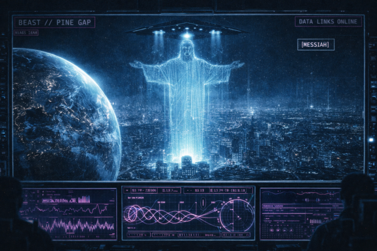 Image Prompt: A cinematic, high-contrast digital illustration of a futuristic control room overlooking a holographic projection of Earth. In the center: A massive, translucent blue hologram of a "Messiah" figure towers over a major world capital, projected from a hovering, triangular stealth craft. In the foreground: A technical HUD overlay in neon magenta displays data streams from the "Beast" supercomputer at Pine Gap, showing frequency waves and orbital coordinate markers. The aesthetic is grainy and tactical, with high-contrast indigo and charcoal tones.