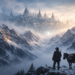 Cinematic photorealistic visualization of a phantom Victorian city appearing as a mirage over the Alaskan mountains.