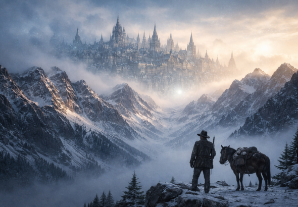 Cinematic photorealistic visualization of a phantom Victorian city appearing as a mirage over the Alaskan mountains.