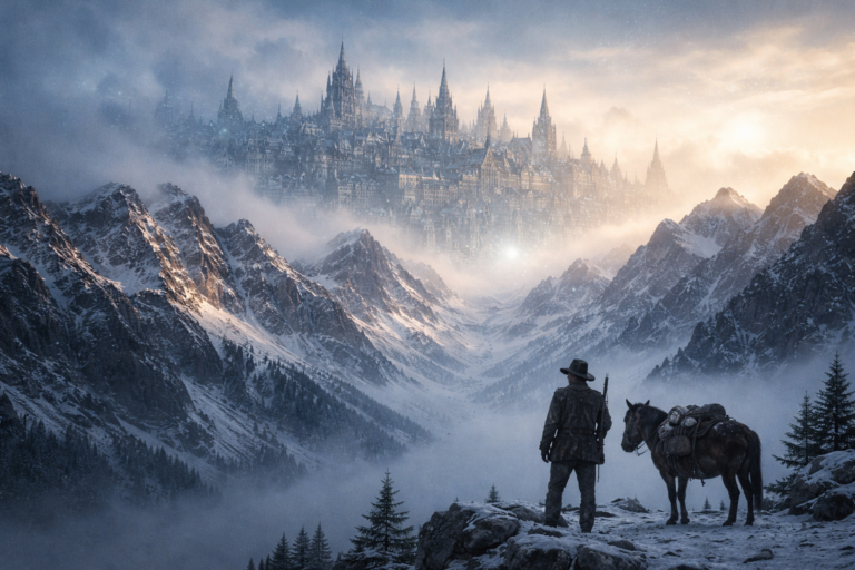 Cinematic photorealistic visualization of a phantom Victorian city appearing as a mirage over the Alaskan mountains.