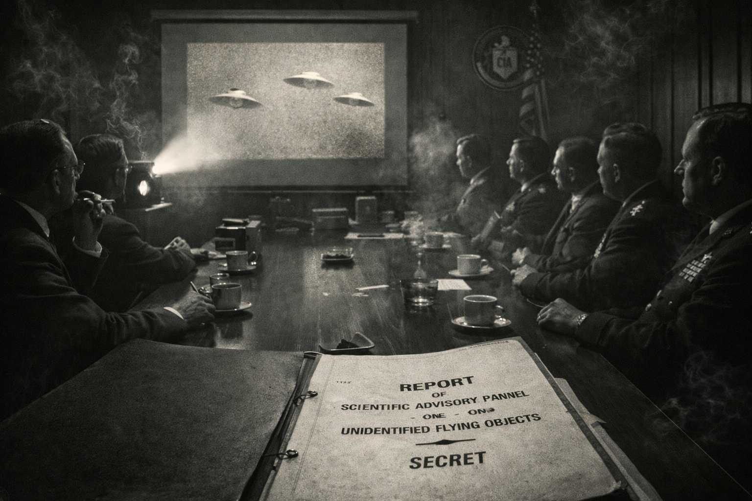 Scientists and CIA officers in a 1953 secret meeting reviewing UFO film footage for the Robertson Panel.