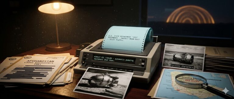 Cinematic photorealistic visualization of declassified U.S. State Department documents regarding Project Moon Dust and global UFO sightings