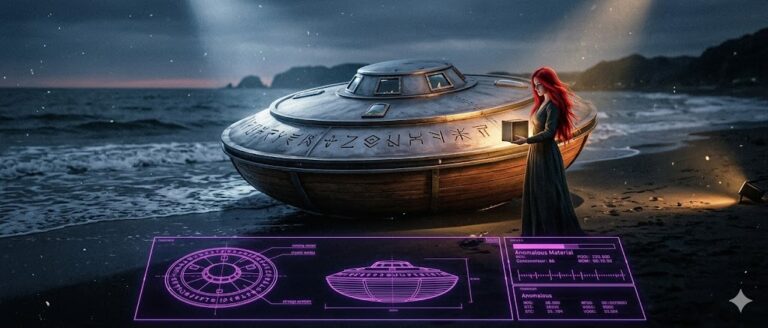 Cinematic visualization of the Japanese Utsuro-bune folktale featuring a metallic circular vessel and a mysterious red-haired visitor.