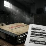 A stack of redacted CIA documents titled "Flying Saucer Problem" in a dark government office.