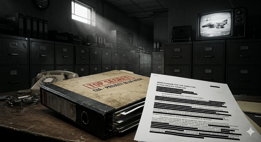 A stack of redacted CIA documents titled "Flying Saucer Problem" in a dark government office.