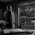 An Admiral in a dark office looking at UFOs through a window with a 1960 NYT newspaper on his desk.