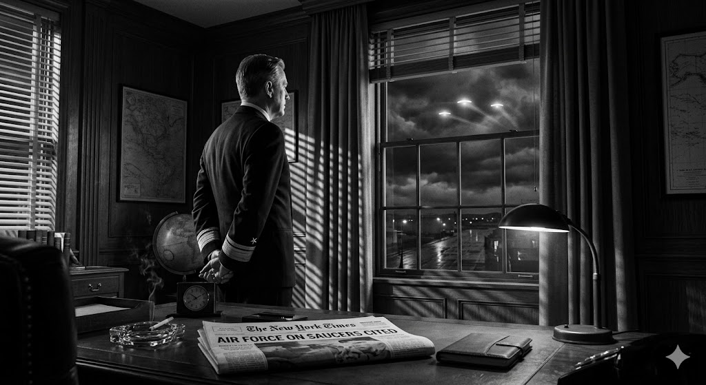 An Admiral in a dark office looking at UFOs through a window with a 1960 NYT newspaper on his desk.