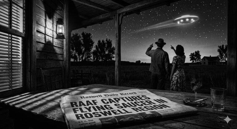 The July 8 1947 Roswell Daily Record newspaper showing the RAAF Captures Flying Saucer headline.