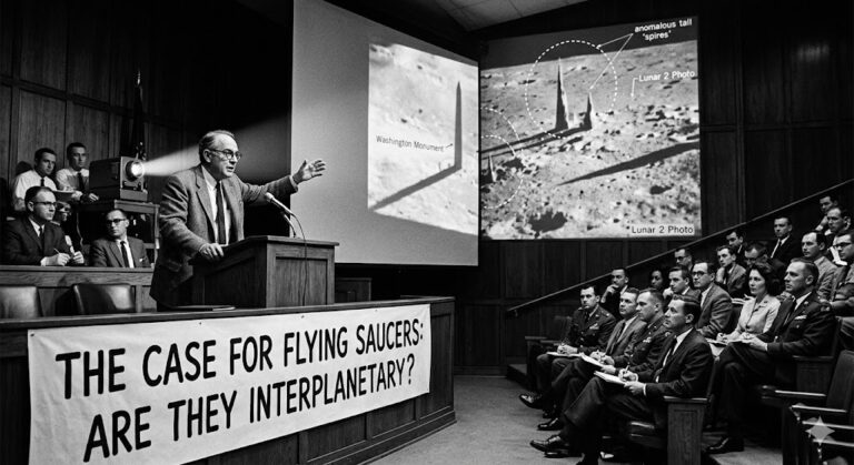 Dr. James McDonald lecturing on the 1966 Lunar Orbiter spires as proof of UFOs.