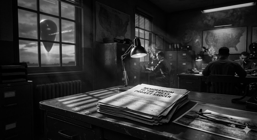 A 1949 military memo titled Project Saucer on a desk with a UFO visible through the window.