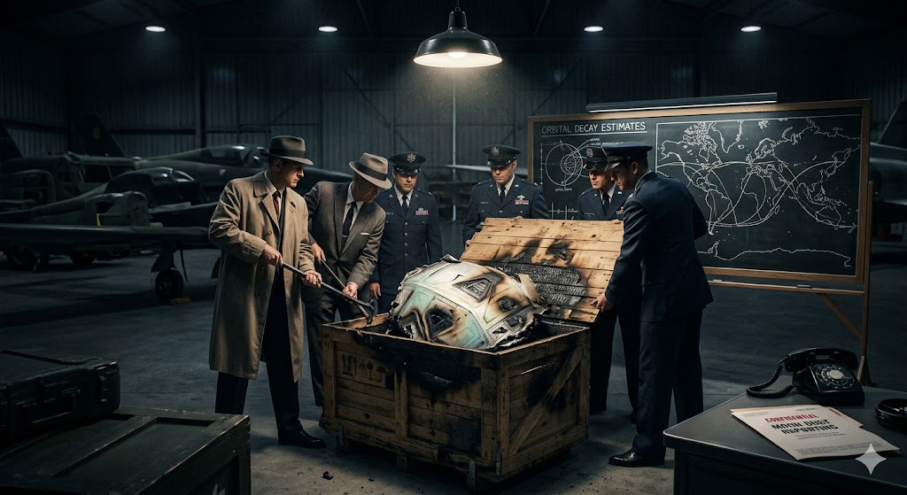 Military officers at Wright-Patterson AFB inspecting a charred crate containing space debris under Project Moon Dust.
