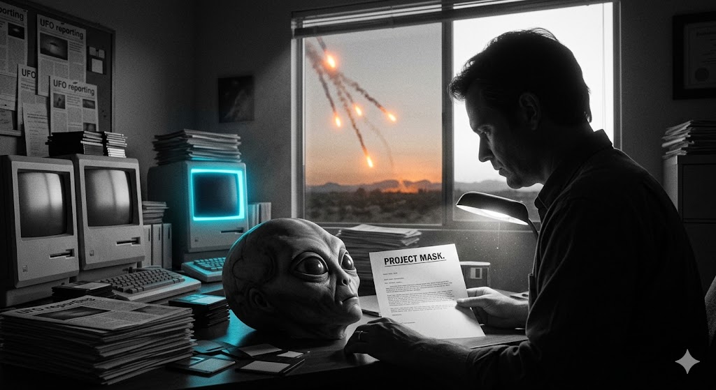 A man in an 80s office with an alien prop and a Project Mask document looking at flares in the sky.