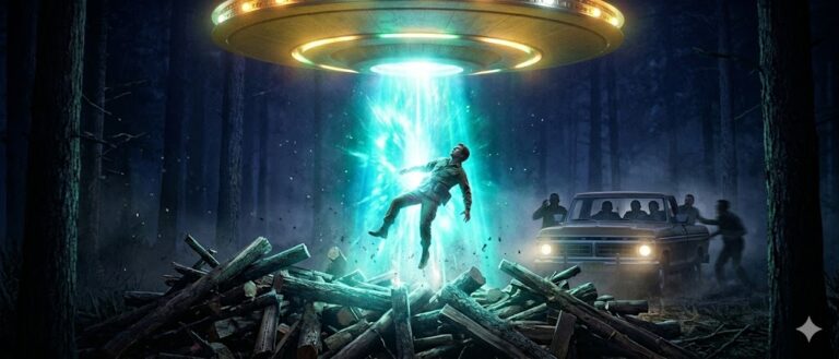 Cinematic photorealistic visualization of Travis Walton being struck by a beam of light from a UFO in the Sitgreaves National Forest.