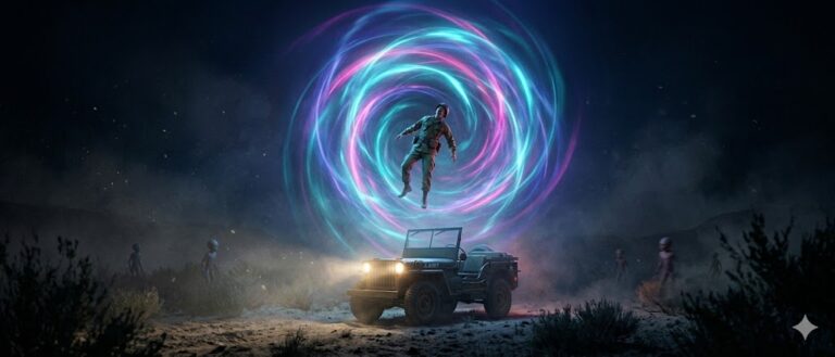 Cinematic photorealistic scene of a U.S. Army soldier being abducted from a jeep on a remote military reservation in 1967.