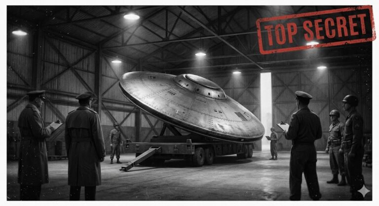 Classified 1947 military recovery of a crashed UFO disc in a secret hangar.