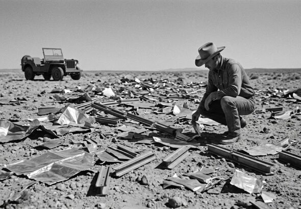 A 1947 vintage style black and white photo of a cowboy kneeling in a vast debris field of metallic UFO wreckage in the New Mexico desert.