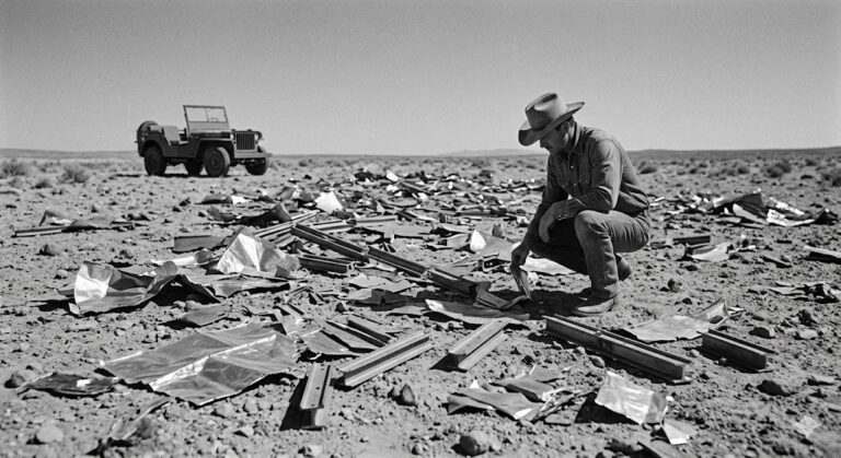 A 1947 vintage style black and white photo of a cowboy kneeling in a vast debris field of metallic UFO wreckage in the New Mexico desert.