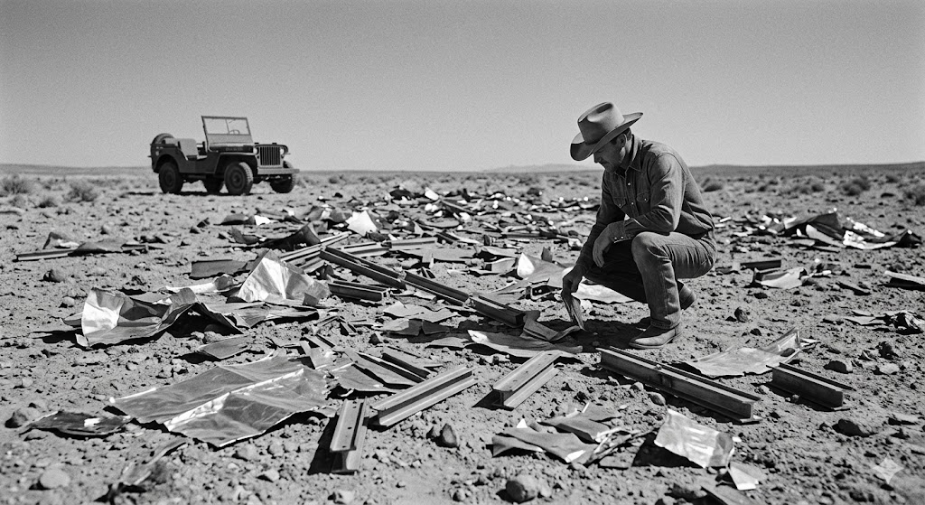 A 1947 vintage style black and white photo of a cowboy kneeling in a vast debris field of metallic UFO wreckage in the New Mexico desert.