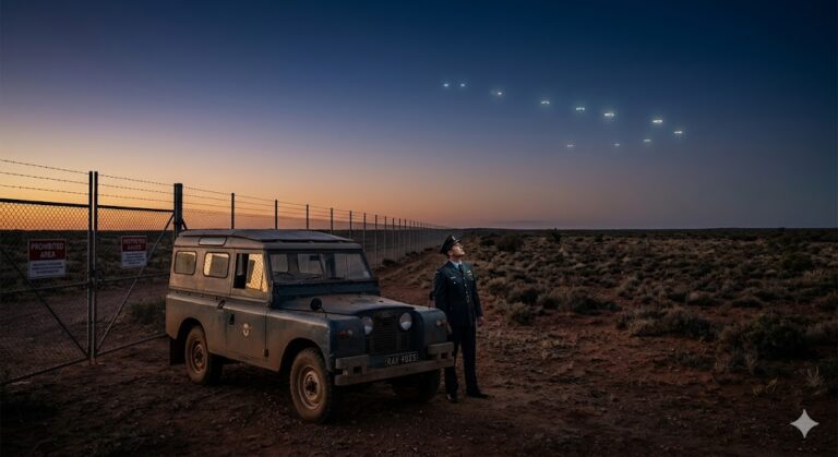 A 1960s RAAF military officer stands in the Australian outback looking up at glowing UFO lights near a prohibited area.