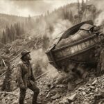 A 19th-century style image of a crashed UFO at Buffalo Road Trail (Qoq'aalx) near Cadotte Pass, Montana, with snapped trees and a trapper.