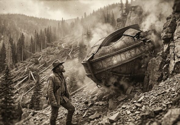 A 19th-century style image of a crashed UFO at Buffalo Road Trail (Qoq'aalx) near Cadotte Pass, Montana, with snapped trees and a trapper.