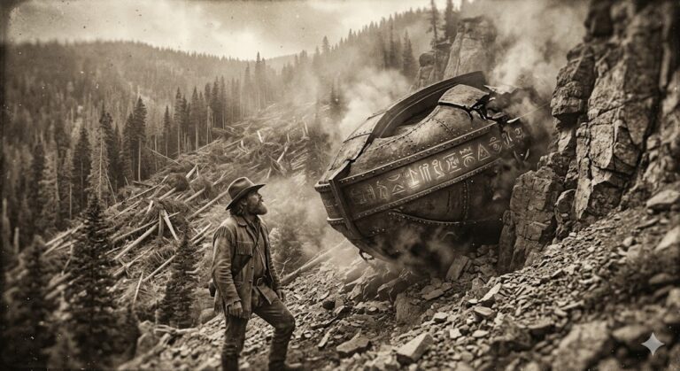 A 19th-century style image of a crashed UFO at Buffalo Road Trail (Qoq'aalx) near Cadotte Pass, Montana, with snapped trees and a trapper.