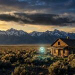 A massive cigar-shaped UFO hovering over the San Luis Valley mountains at sunset near an abandoned ranch.