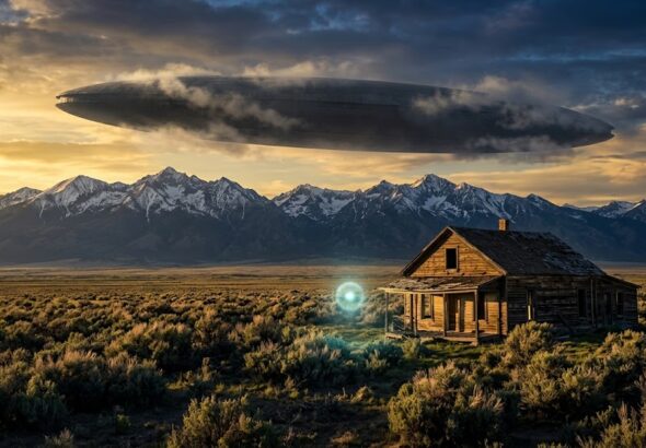 A massive cigar-shaped UFO hovering over the San Luis Valley mountains at sunset near an abandoned ranch.