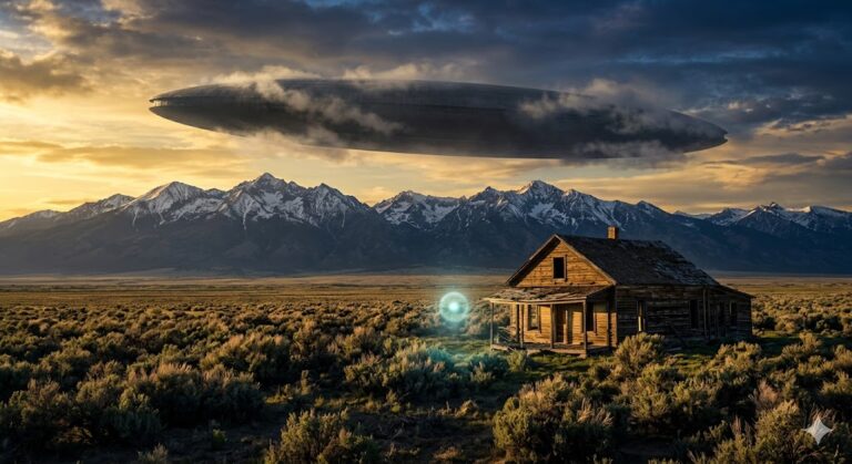 A massive cigar-shaped UFO hovering over the San Luis Valley mountains at sunset near an abandoned ranch.