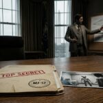 A classified MJ-12 folder titled "Project Aquarius" on a White House desk with a photo of an EBE alien.