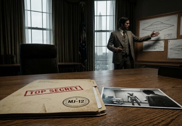 A classified MJ-12 folder titled "Project Aquarius" on a White House desk with a photo of an EBE alien.