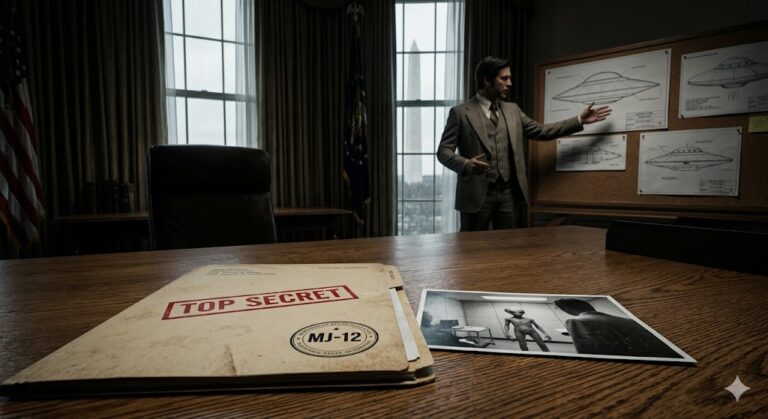 A classified MJ-12 folder titled "Project Aquarius" on a White House desk with a photo of an EBE alien.