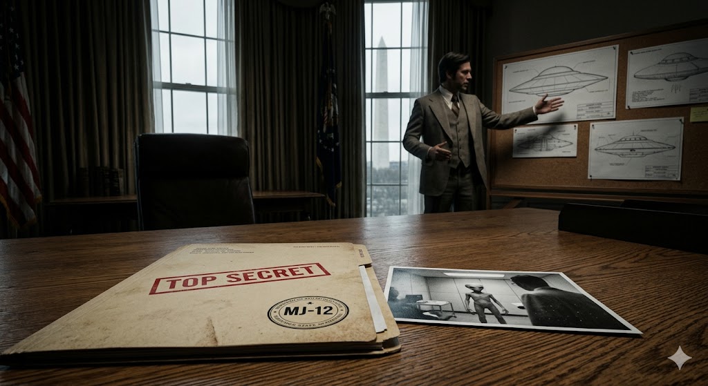 A classified MJ-12 folder titled "Project Aquarius" on a White House desk with a photo of an EBE alien.