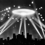 The famous 1942 Battle of Los Angeles searchlights converging on a UFO over the city during a WWII air raid.