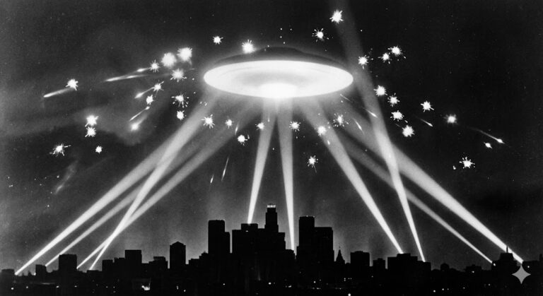 The famous 1942 Battle of Los Angeles searchlights converging on a UFO over the city during a WWII air raid.