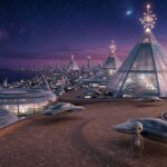 A futuristic alien city with glass pyramids, spiral towers, and a hovering craft as described by Alec Newald.