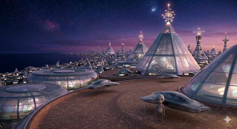 A futuristic alien city with glass pyramids, spiral towers, and a hovering craft as described by Alec Newald.